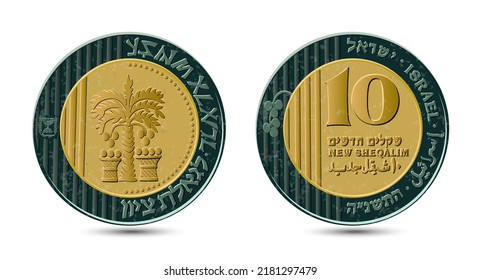 Israeli 10 New Shequalim Bimetallic coin 1995 year. The coin shows a palm tree with seven leaves and two baskets with dates; the emblem of the State of Israel; the words "for the redemption of Zion". 