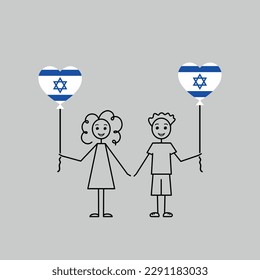 israeli children, love Israel sketch, girl and boy with a heart shaped balloons, black line vector illustration