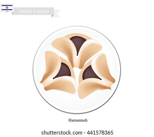 Israeli Cuisine, Hamantash or Traditional Buttery Triangular Cookies Filled with Jam or Poppy Seeds for Purim Celebration. One of Most Popular Dessert in Israel.