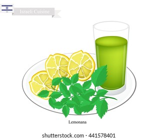 Israeli Cuisine, Lemonana or Traditional Squeezed Lemonade and Spearmint Leaves. One of The Most Popular Drink in Israeli.