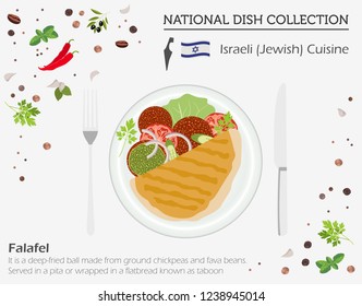 Israeli Cuisine. Middle East national dish collection.  Jewish falafel isolated on white, infograpic. Vector illustration
