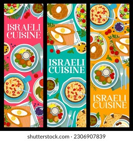 Israeli cuisine restaurant meals banners. Deep fried matzo balls, black tea and chickpea salad, hummus with matzah, cheese and egg pies and lemonade, meat bean and vegetable cholent, vegetable salad