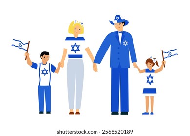 Israeli family. Jews. Flag of Israel. Vector simple color flat illustration.