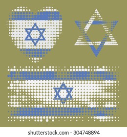 Israeli flag, heart and David's star. Halftone texture. Olive green background.