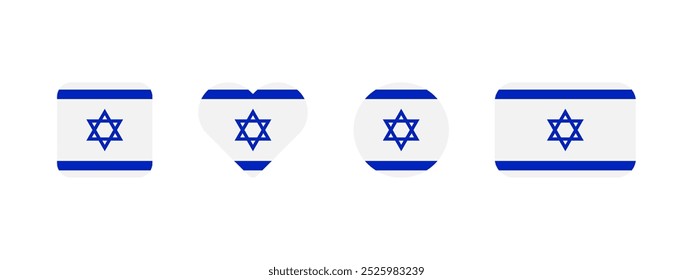 Ícone da bandeira israelense. Bandeira do sinal vetorial de Israel. Banner nacional de Israel. Emblema de Jerusalém em quatro formas diferentes: quadrado, coração, círculo e retângulo. Símbolo de Jerusalém com Estrela de Davi.