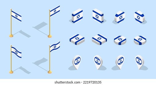 Israeli flag (State of Israel). 3D isometric flag set icon. Editable vector for banner, poster, presentation, infographic, website, apps, maps, and other uses.