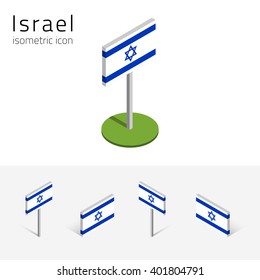 Bandera israelí (Estado de Israel), conjunto vectorial de iconos planos isométricos, estilo 3D, diferentes vistas. 100% de elementos de diseño editables para banner, sitio web, presentación, infografía, afiche, mapa. Eps 10
