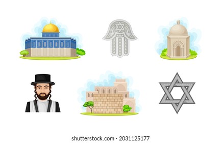 Israeli or Jewish Attributes with Dome of the Rock and Man with Locks Vector Set
