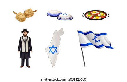 Israeli or Jewish Attributes with Dreidel and Flag on Pole Vector Set