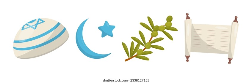 Israeli or Jewish Attributes with Kippah, Scroll, Olive Branch and Crescent with Star Vector Set