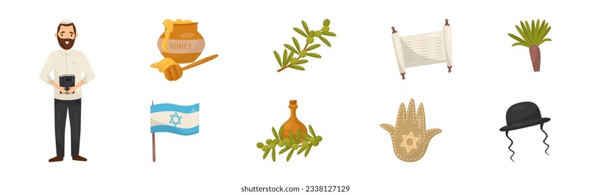 Israeli or Jewish Attributes with Man, Flag, Honey, Olive Branch, Scroll, Hamsa and Hat Vector Set