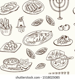 Israeli and Jewish national cuisine and festival food seamless pattern. Hand drawn vector illustration isolated on white background.