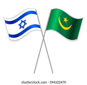 Israeli and Mauritanian crossed flags. Israel combined with Mauritania isolated on white. Language learning, international business or travel concept.