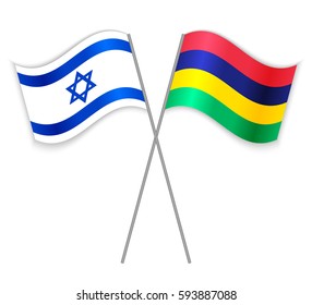 Israeli and Mauritian crossed flags. Israel combined with Mauritius isolated on white. Language learning, international business or travel concept.