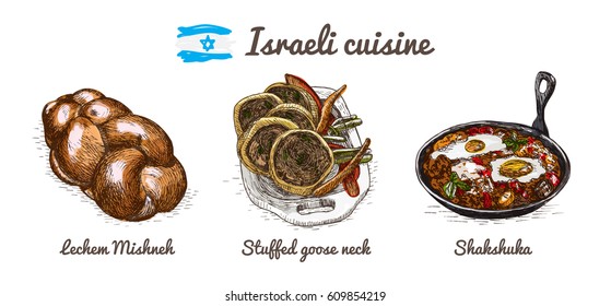 Israeli menu colorful illustration. Vector illustration of Israeli cuisine.