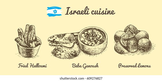 Israeli menu monochrome illustration. Vector illustration of Israeli cuisine.