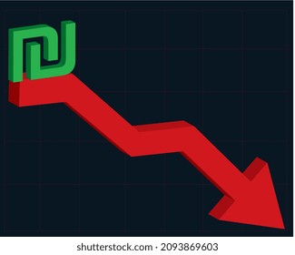 Israeli money currency depreciation. Green Israeli Shekel icon with red decreasing arrow on black background vector illustration