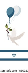 Israeli national holiday vector vertical banner. Yom Haatzmaut or Yom Yerushalayim. Israel independence day or Jerusalem day. Dove with olive branch and balloons.