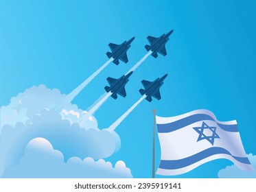 Israeli National waving flag and Military fighter jets flying in the blue sky