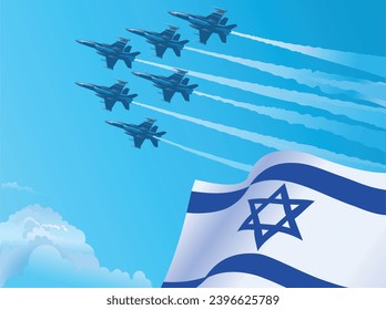 Bandera nacional israelí ondeando y aviones de combate militares vuelan en el cielo azul
