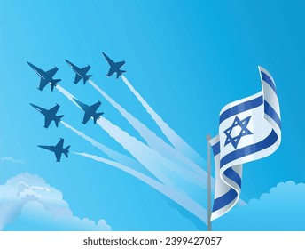 Israeli National waving flag and Military fighter jets flying in the blue sky
