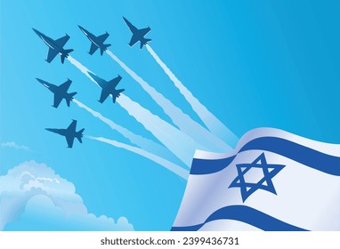 Bandera nacional israelí ondeando y aviones de combate militares vuelan en el cielo azul