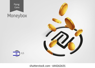 Israeli new shekel coin box icon with Israeli new shekel coins, finance concept.