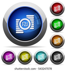 Israeli new Shekel coins icons in round glossy buttons with steel frames