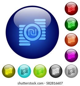 Israeli new Shekel coins icons on round color glass buttons