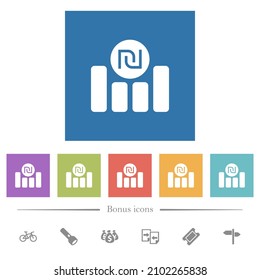 Israeli new Shekel financial graph flat white icons in square backgrounds. 6 bonus icons included.