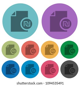Israeli new Shekel financial report darker flat icons on color round background