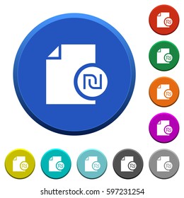 Israeli new Shekel financial report round color beveled buttons with smooth surfaces and flat white icons