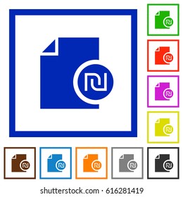 Israeli new Shekel financial report flat color icons in square frames on white background