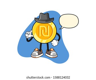 Israeli new shekel gold coin secret agent with speech bubble cartoon. Mascot Character vector.