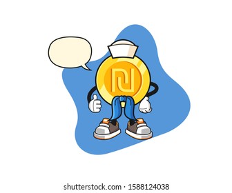 Israeli new shekel gold coin sailor man with speech bubble cartoon. Mascot Character vector.