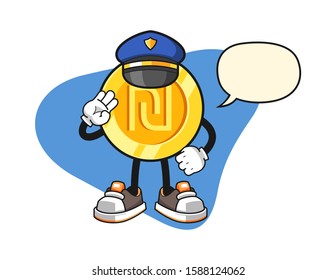 Israeli new shekel gold coin police officer with speech bubble cartoon. Mascot Character vector.