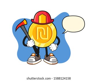 Israeli new shekel gold coin firefighter with speech bubble cartoon. Mascot Character vector.