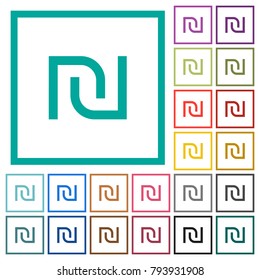 Israeli new Shekel sign flat color icons with quadrant frames on white background