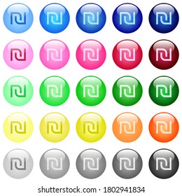 Israeli new Shekel sign icons in set of 25 color glossy spherical buttons