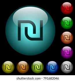 Israeli new Shekel sign icons in color illuminated spherical glass buttons on black background. Can be used to black or dark templates
