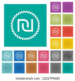 Israeli New Shekel sticker alternate multi colored flat icons on plain square backgrounds. Included white and darker icon variations for hover or active effects.
