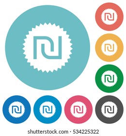 Israeli new Shekel sticker white flat icons on color rounded square backgrounds