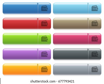 Israeli new Shekel wallet engraved style icons on long, rectangular, glossy color menu buttons. Available copyspaces for menu captions.