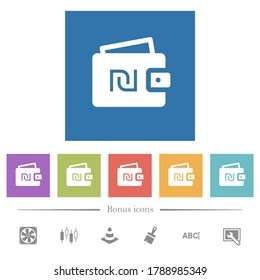 Israeli new Shekel wallet flat white icons in square backgrounds. 6 bonus icons included.