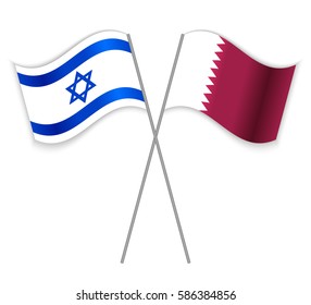 Israeli and Qatari crossed flags. Israel combined with Qatar isolated on white. Language learning, international business or travel concept.
