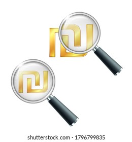 Israeli shekel currency golden shiny symbol with magnifying glass.