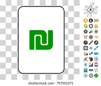 Israeli Shekel gambling card pictogram with additional bitcoin mining and blockchain design elements. Flat vector style for cryptocurrency websites.