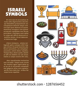 Israeli symbols promo banner with cultural elements set. Religious attributes, Jewish man, traditional food and spectacular architecture isolated vector illustrations on poster with sample text.