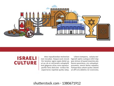 Israeli symbols promo banner with cultural elements set. Religious attributes, Jewish man, traditional food and spectacular architecture isolated vector illustrations on poster with sample text.