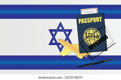 Israeli Travel Documentation Concept with blue Passport and Israel Flag. Approved Stamp. Airplane and Travel Tickets. Ideal for Immigration Tourism and Traveling Themes. Vector EPS available